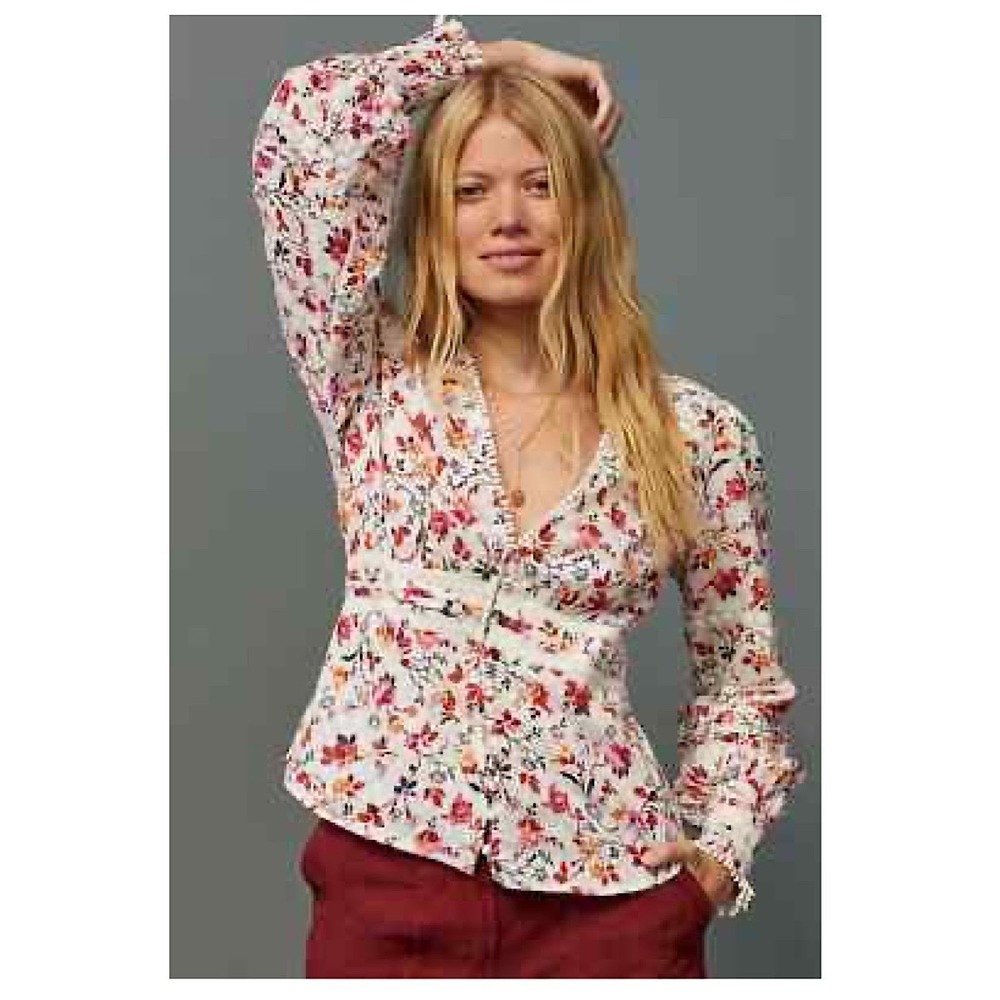 Anthropologie Blouse Womens 6 Pink Floral Lace Trim Swiss Dot V-Neck Long Sleeve
